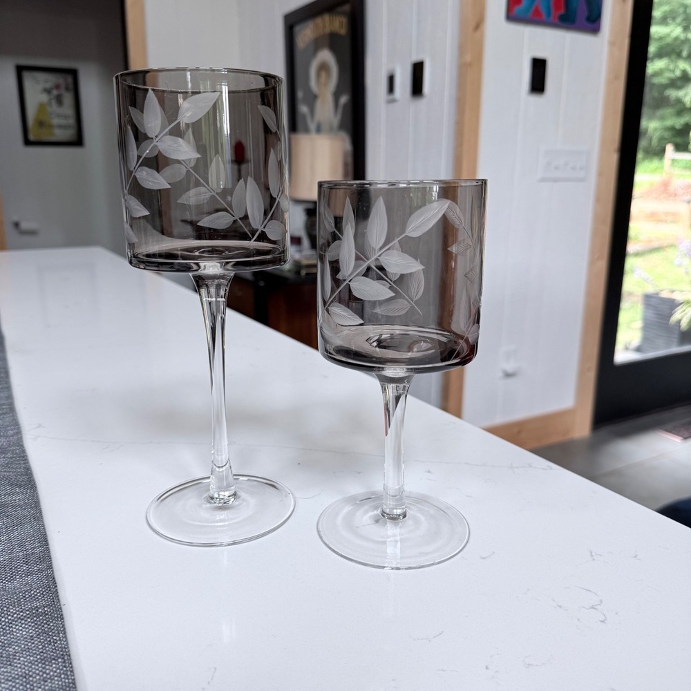 Pair‎ of 2 Vintage Smoked Gray Cylinder Wine Glasses Botanical~Candle Holders
